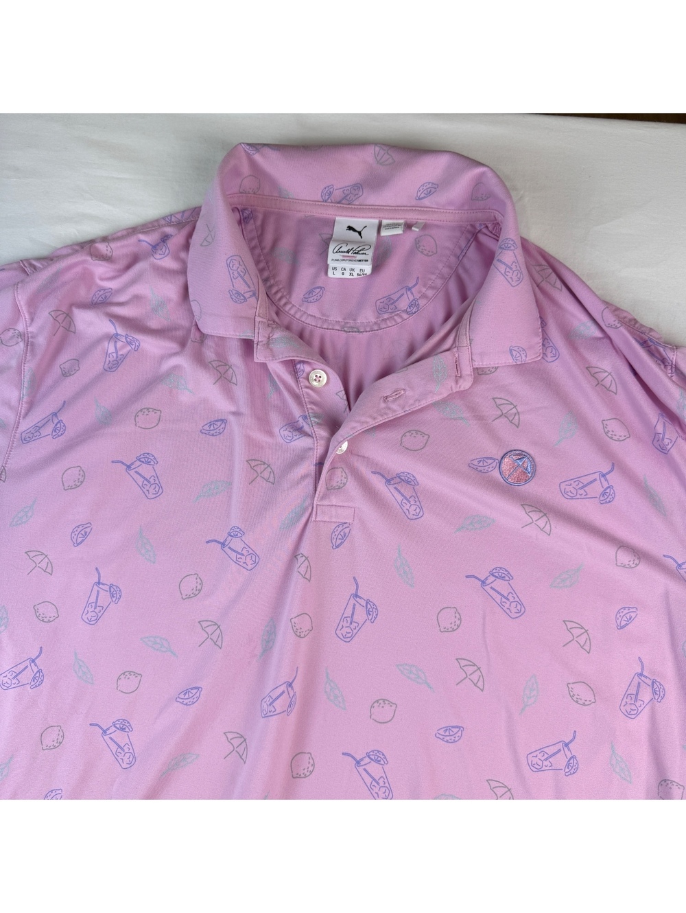 Puma Arnold Palmer Pink Golf Polo Shirt Mens Large L LOGO Stretchy PERFORMANCE